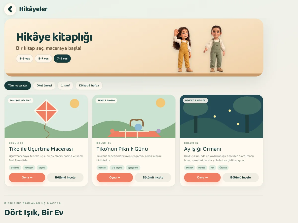 Hikâye kitaplığı: Tiko ile Uçurtma Macerası, Tiko'nun Piknik Günü, Ay Işığı Ormanı